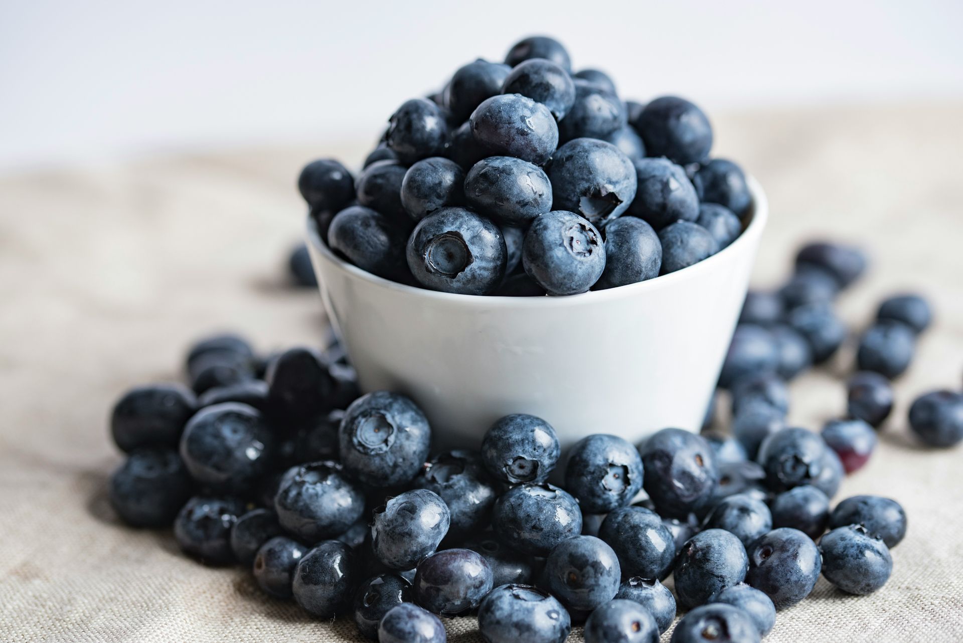 White bowl of fresh blueberries with loose berries scattered on a light cloth surface