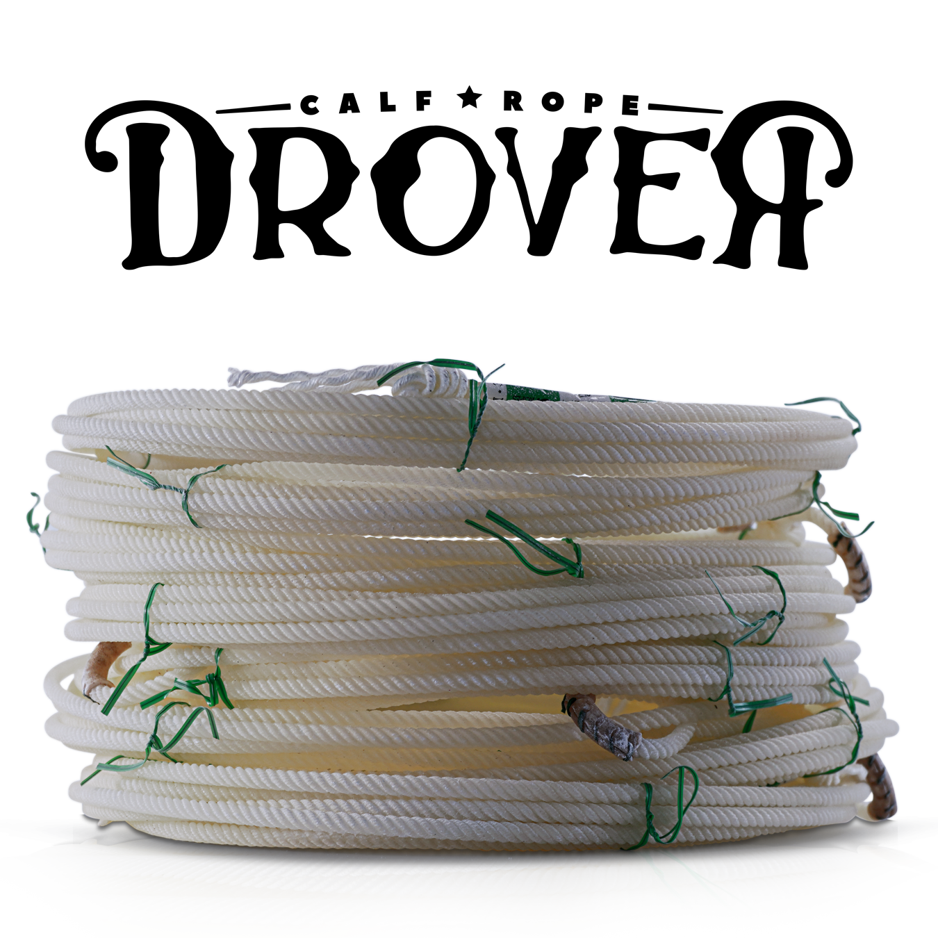 White rope coiled on a surface, with  Calf Rope Drover above