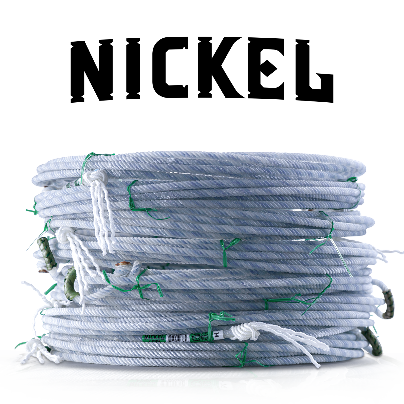 Pile of coiled, gray rope with Nickel above