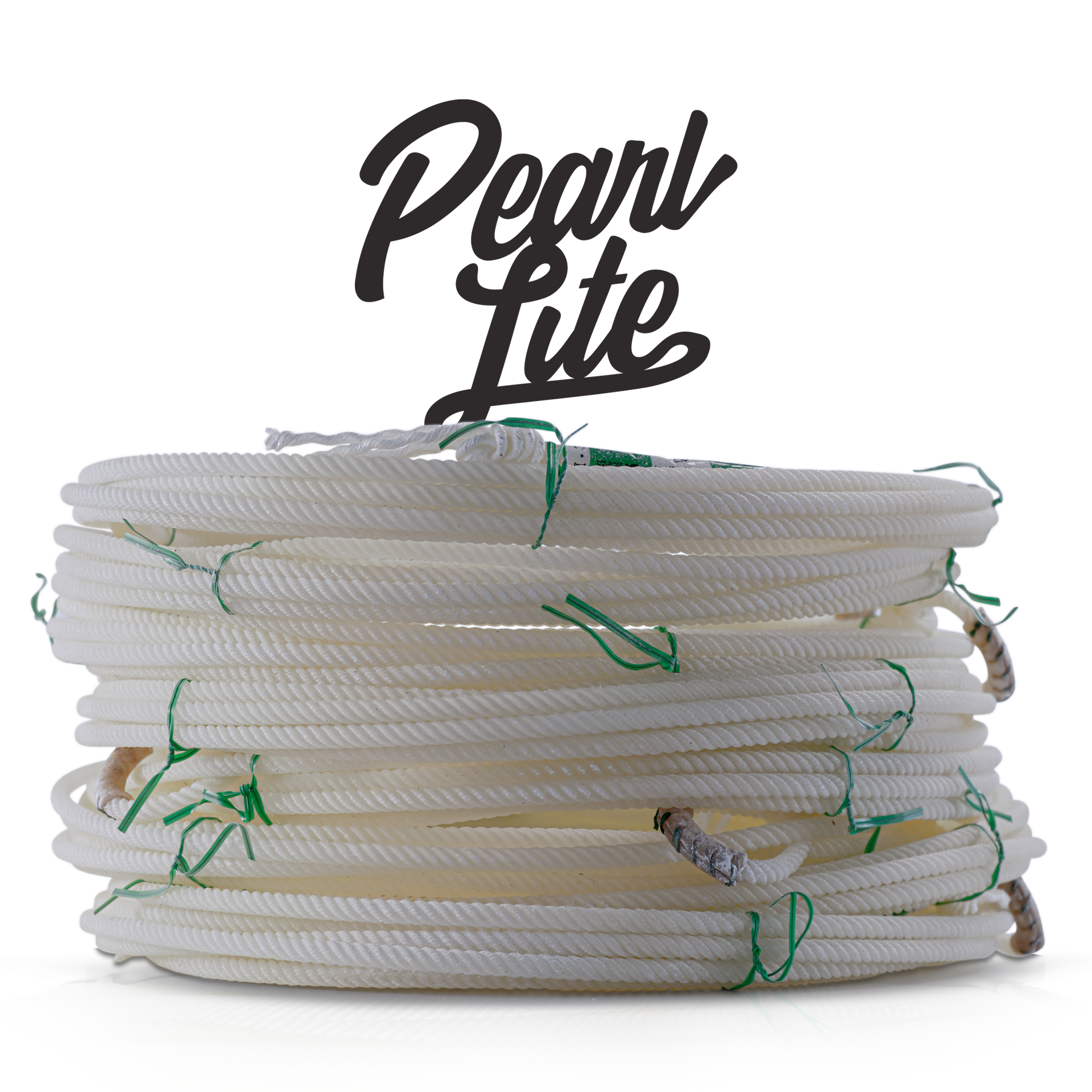 White rope coiled, held with green string. Pearl Lite logo.