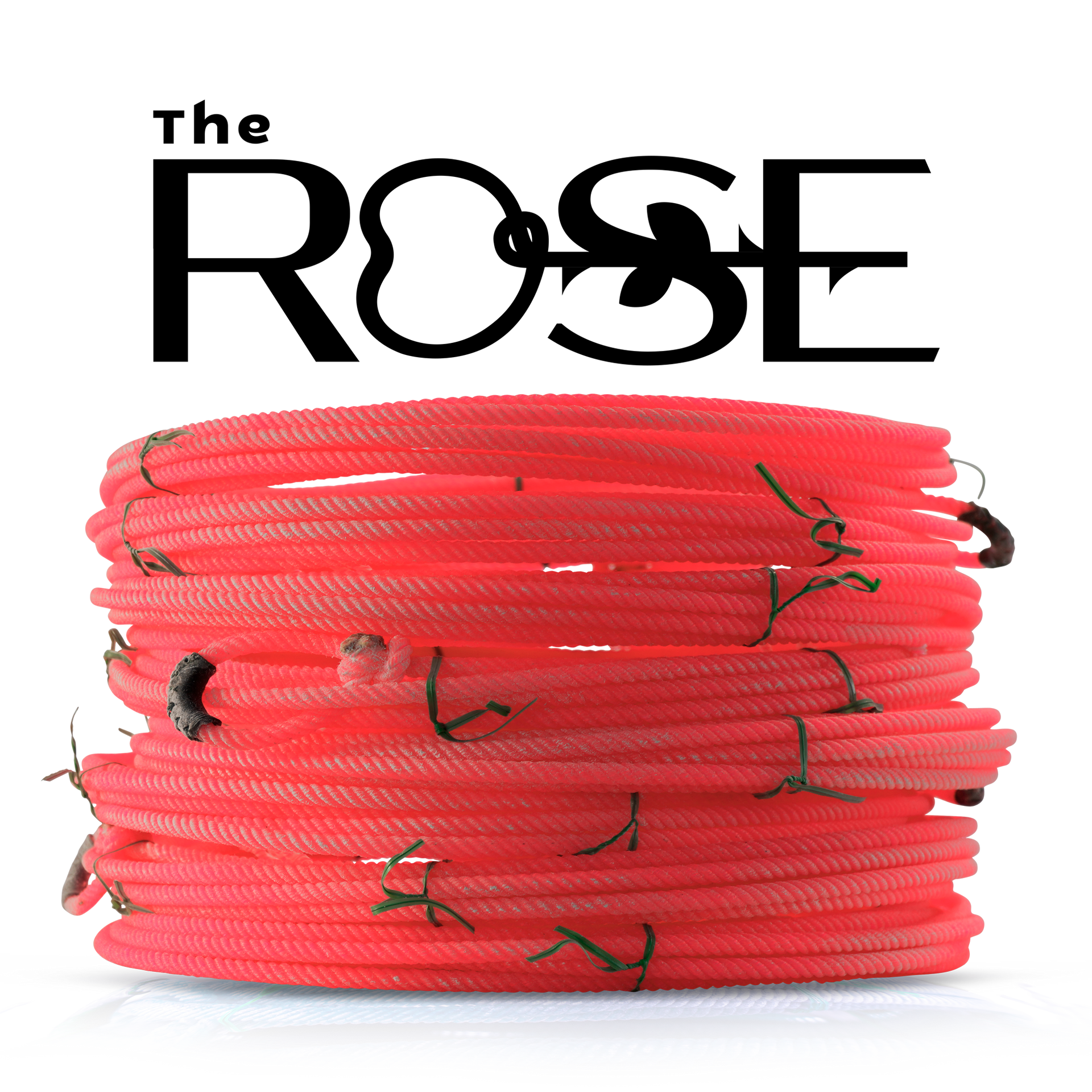 A stack of bright pink rope with The Rose above