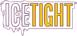 Logo for Ice Tight, yellow letters with purple outline, with melting ice graphic.