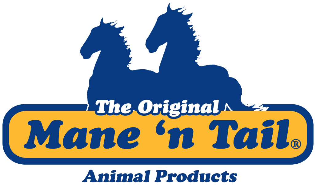 Logo of Mane 'n Tail horse shampoo featuring two blue horse silhouettes, text, and a yellow and blue rectangular banner.
