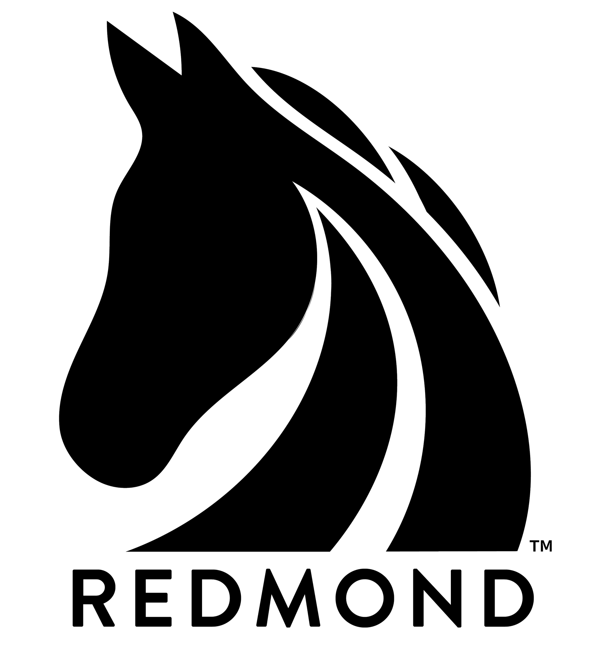 Black silhouette of a horse head with the word 