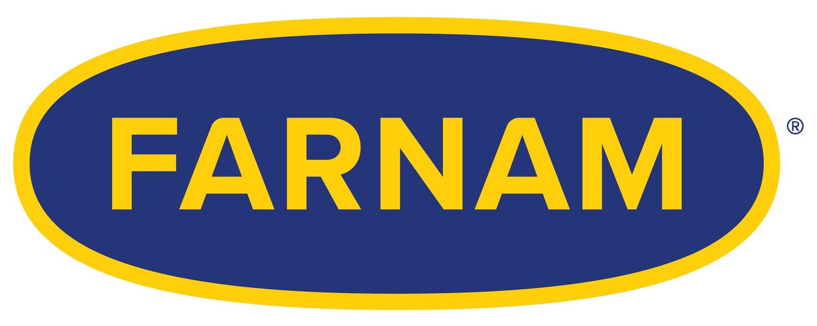 Logo for Farnam, with yellow text in a blue oval with a yellow border.