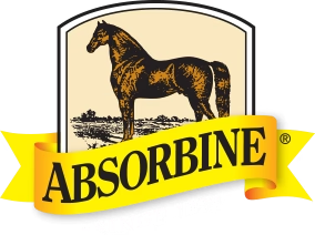Absorbine logo with a brown horse inside a frame, yellow banner with brand name.