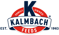 Logo for Kalmbach Feeds: white text in red and blue circle with a large blue 