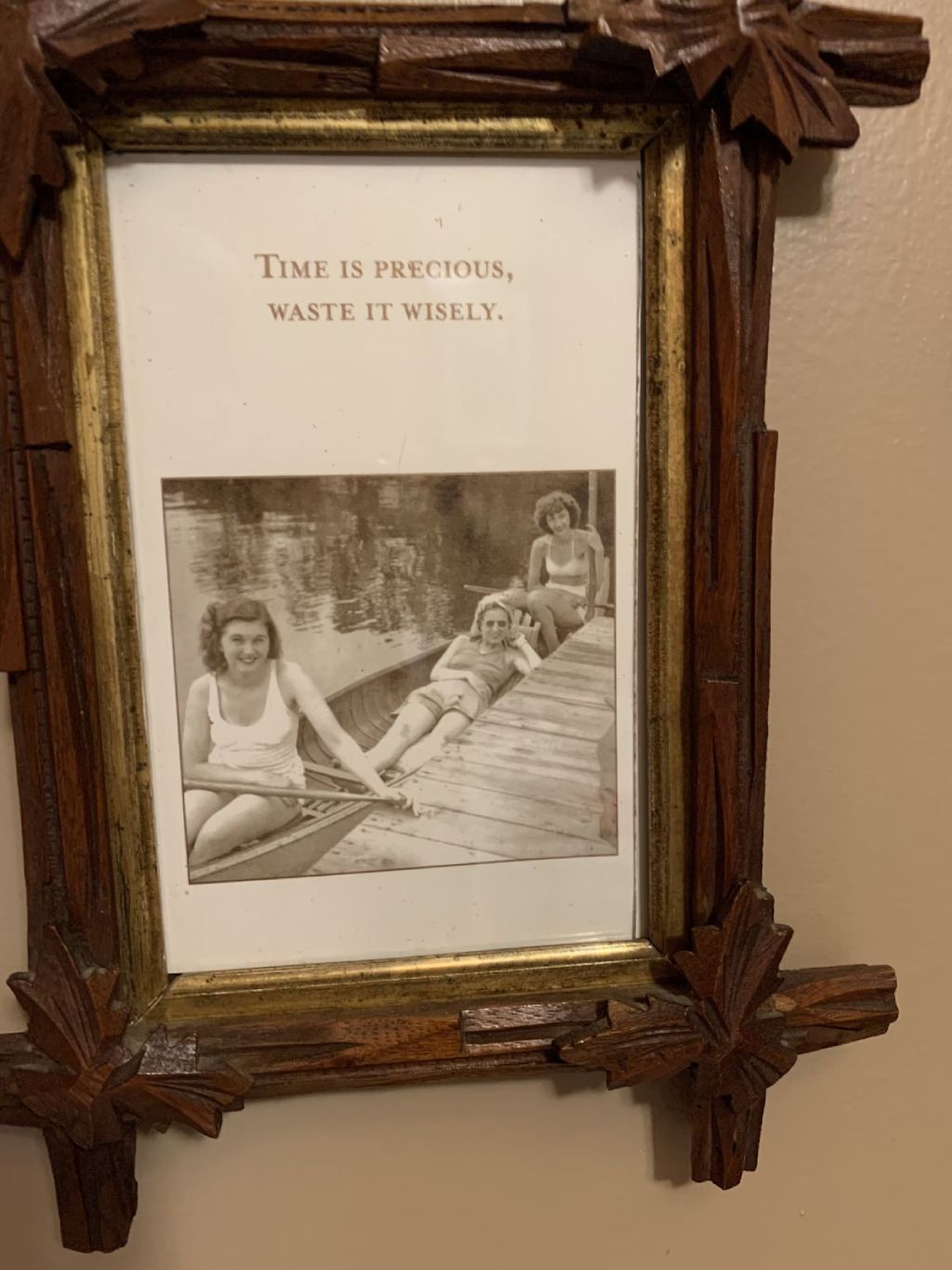 A picture of three women in a boat with a quote that says time is precious waste it wisely