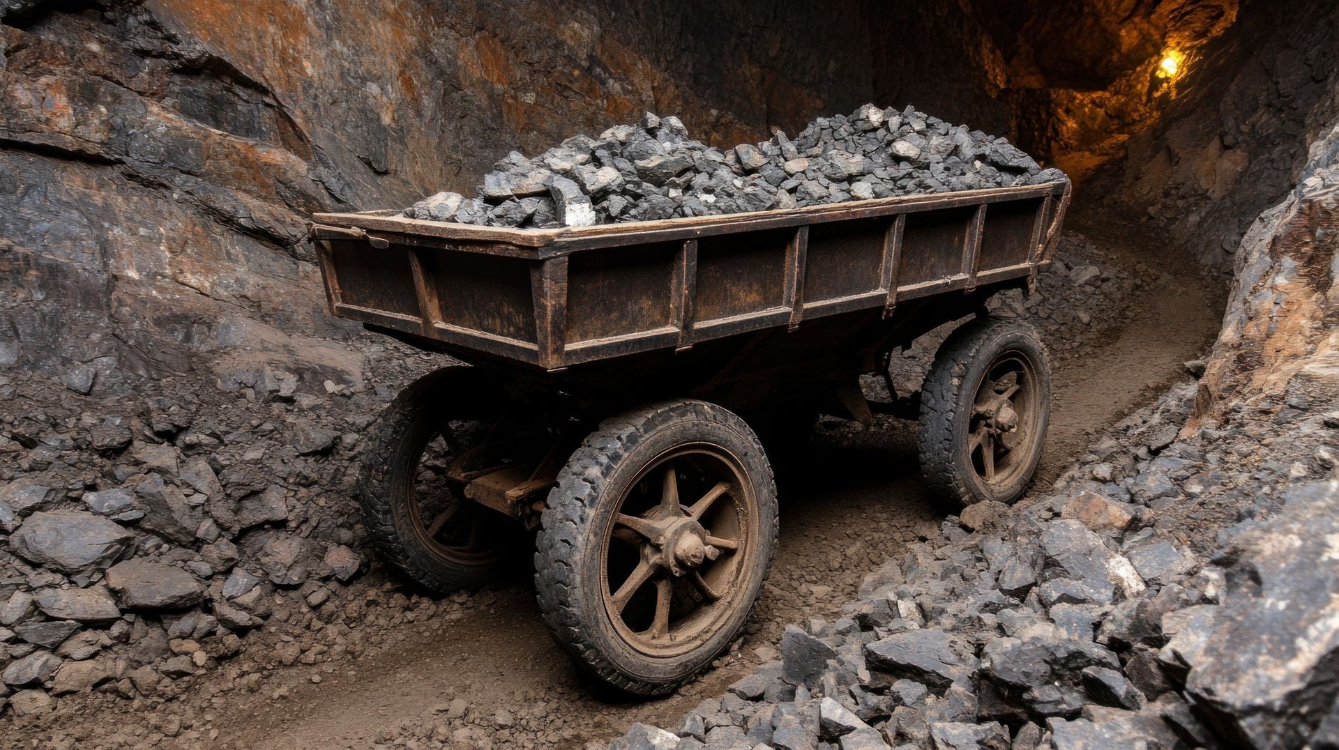 A dump truck filled with coal is driving down a dirt road.