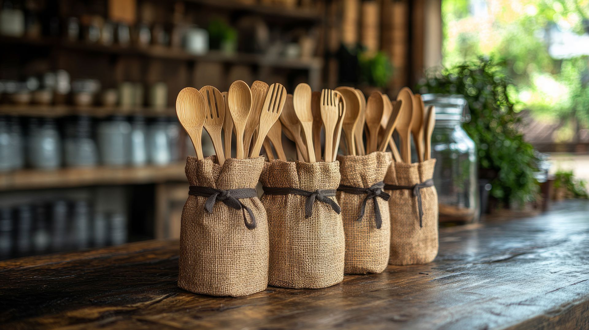 A row of wooden utensils in wicker holders on a wooden table.
