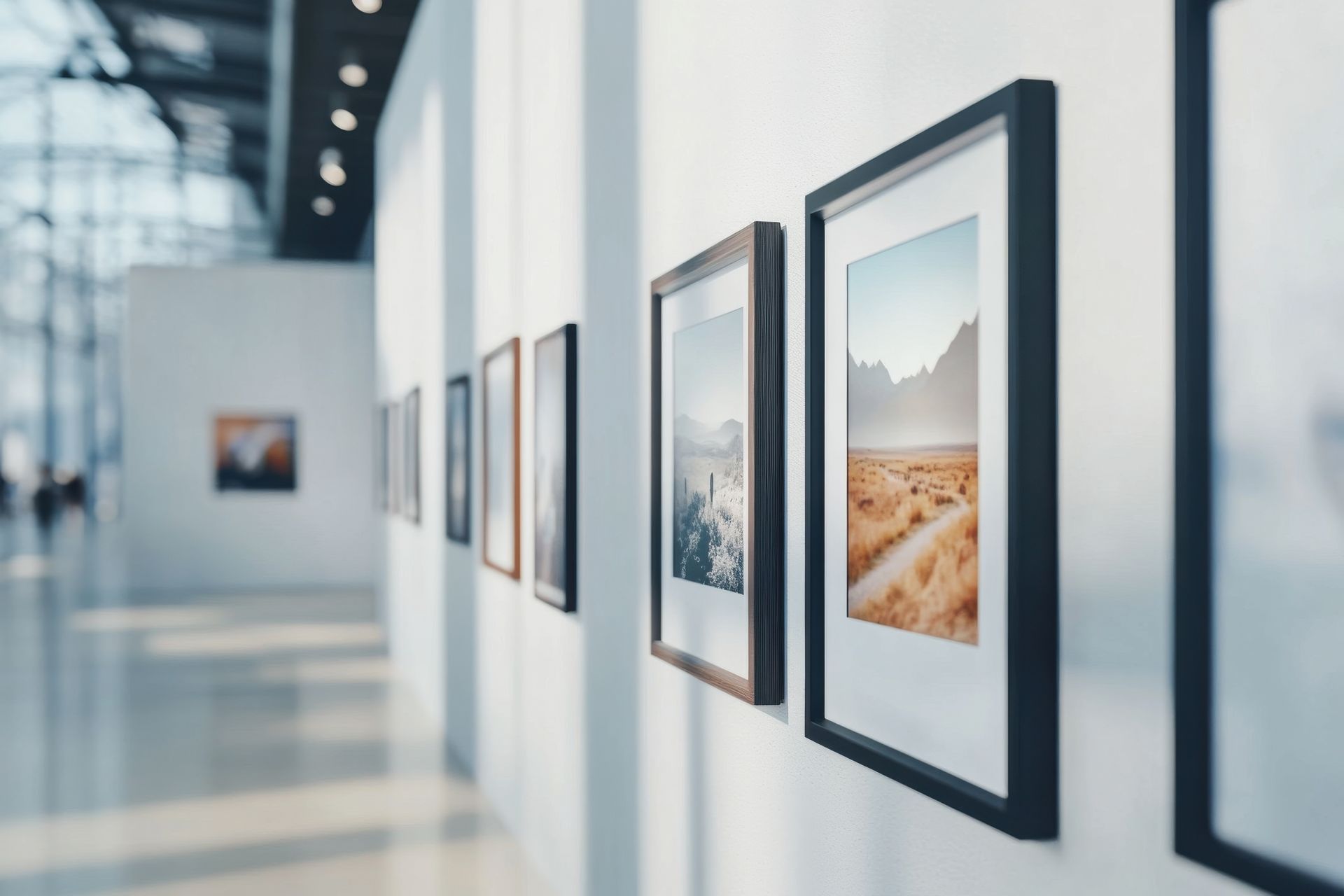 A row of framed pictures on a wall in a museum.