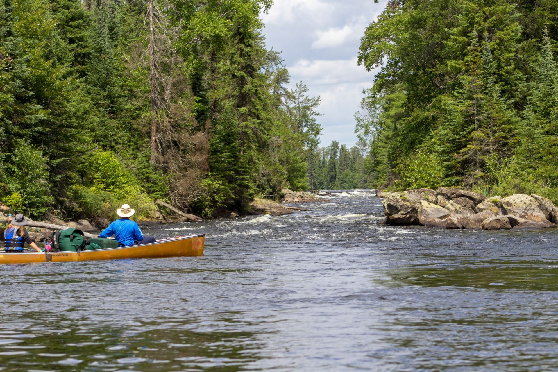 A group of people are rowing a canoe down a river.