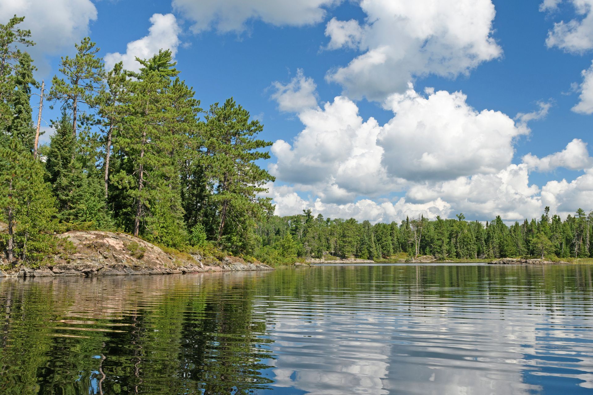 A lake with trees on the shore and clouds in the sky