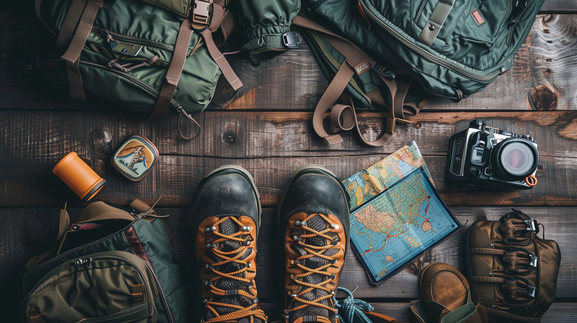 A pair of hiking boots sitting on top of a wooden table next to a backpack and a map.
