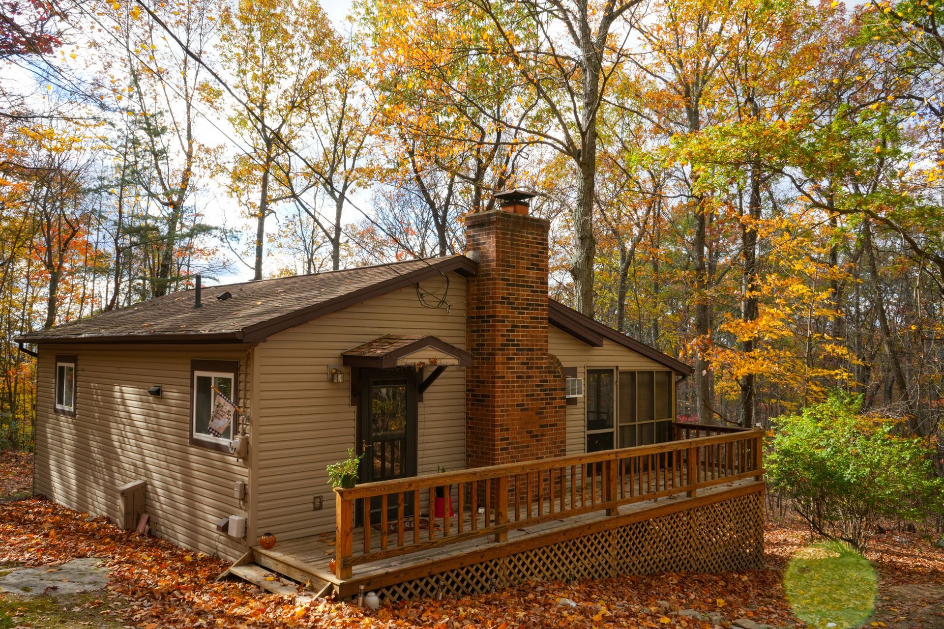 A small house with a deck in the middle of the woods.