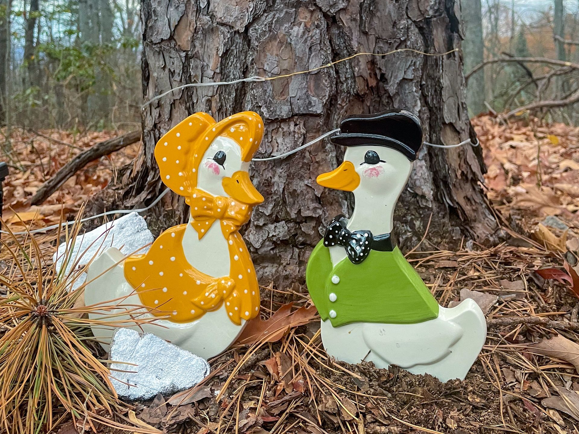 Two wooden ducks are sitting next to a tree trunk.