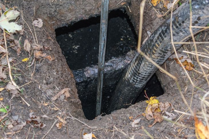 Open dark pit in soil with a black pipe or cable inside, surrounded by dirt and leaves