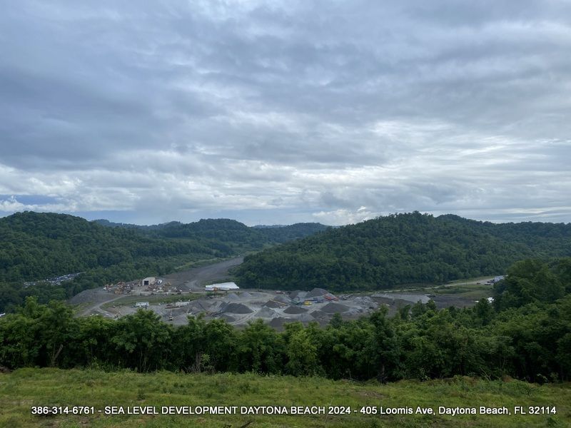 A view of a valley with trees and mountains in the background