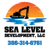 A logo for sea level development llc with an amphibious boat with a hydraulic excavator attached in the water