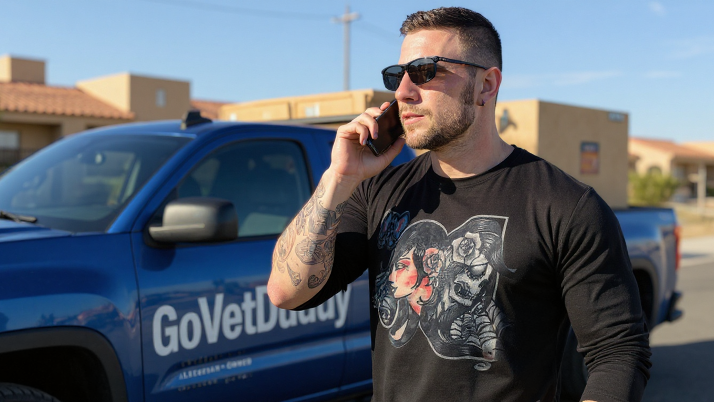 Man in sunglasses on phone, standing by a blue truck with 