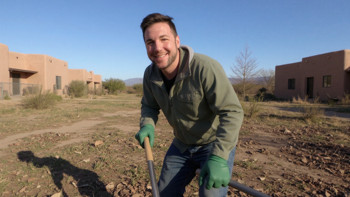 Man smiling while digging in a brown field; buildings and mountains in background.