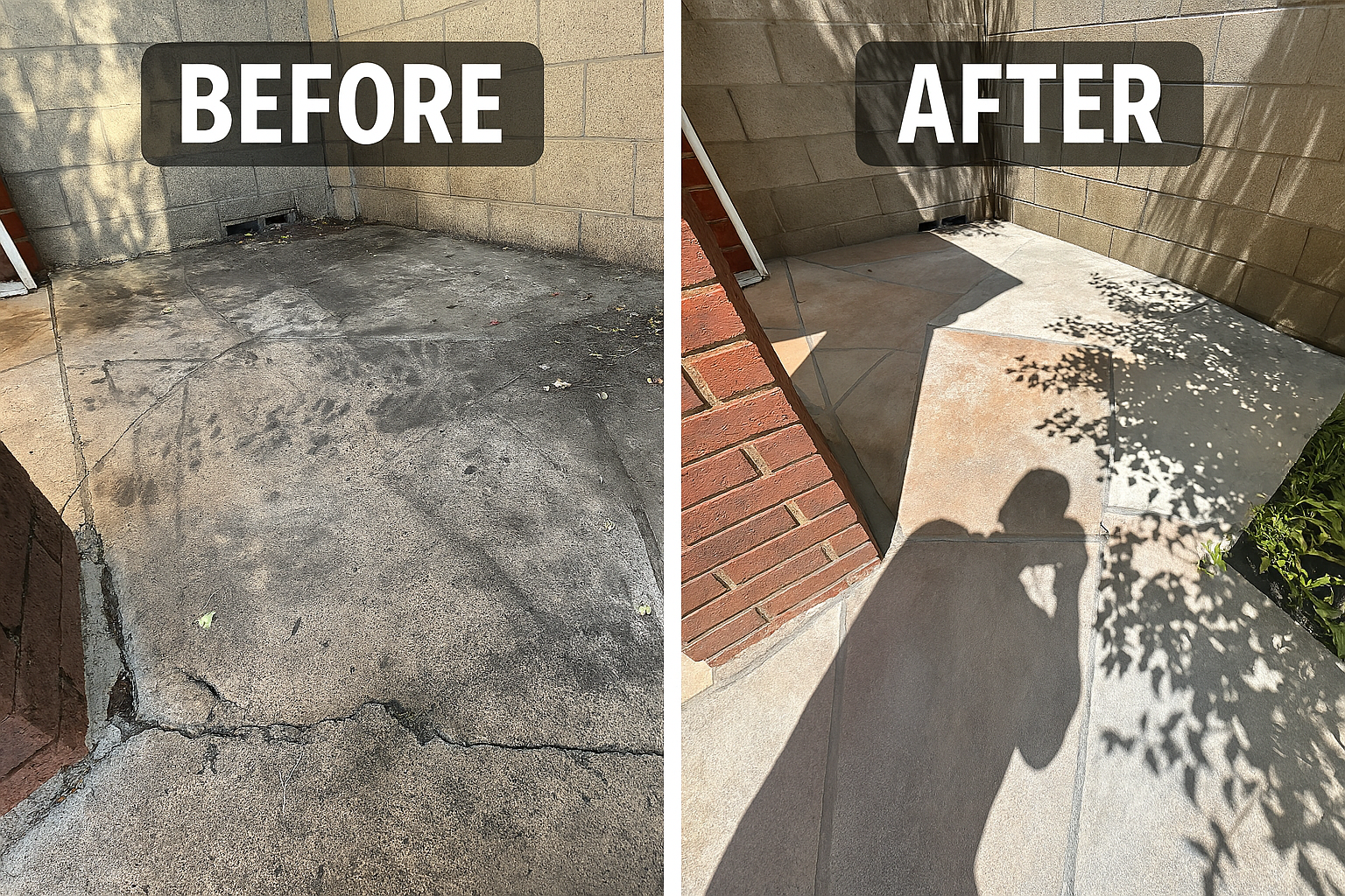 Before-and-after photo: Concrete cleaning. The after shows smooth, repaired concrete with shadows.