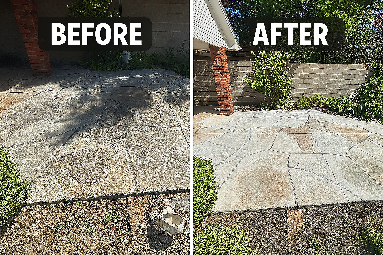 Before and after comparison: Dirty patio cleaned to reveal lighter stone, next to trimmed bushes.