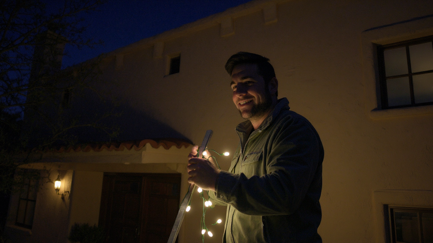 Man smiling, holding string lights on a ladder, setting them up outside a house at dusk.