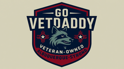 Logo for Go VetDaddy: a shield-shaped emblem with a wolf, text 