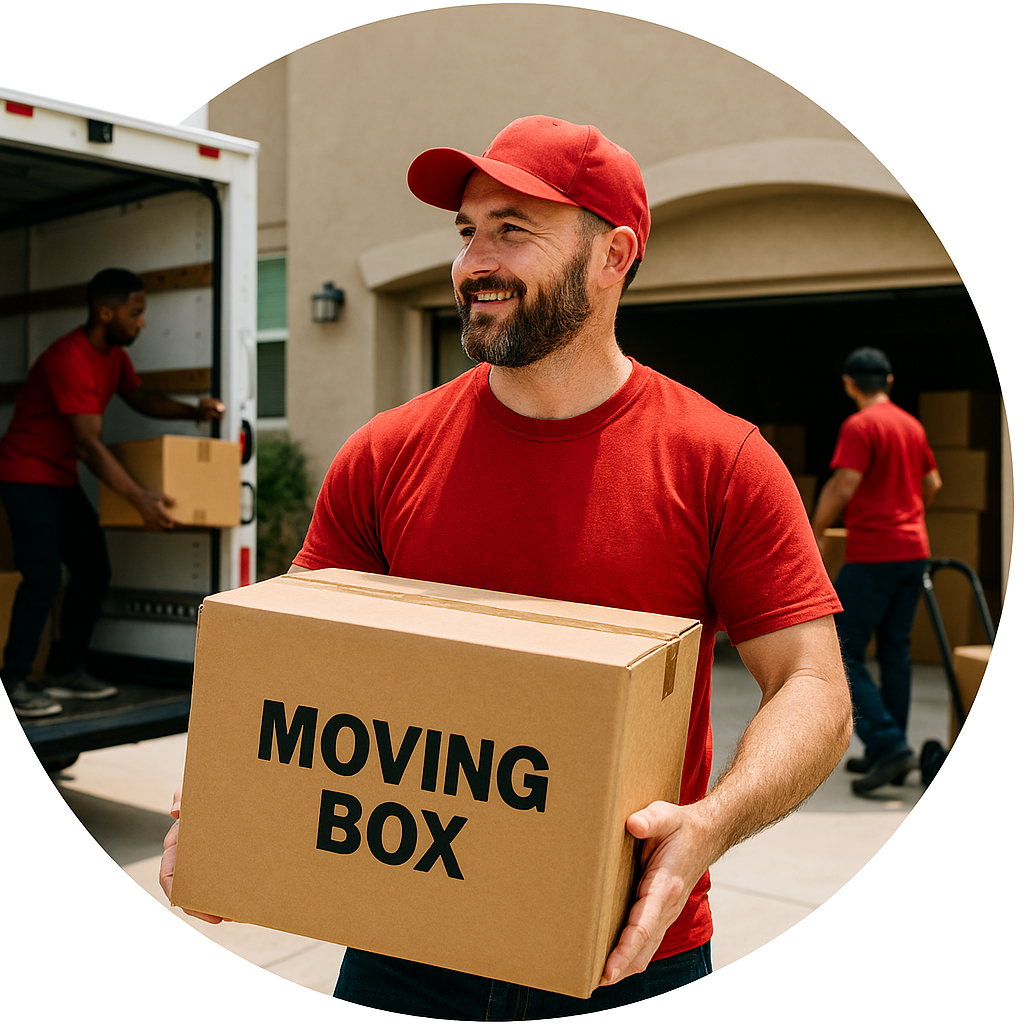 Man holding moving box, smiling, in red shirt and cap. Others loading truck, outside a house.