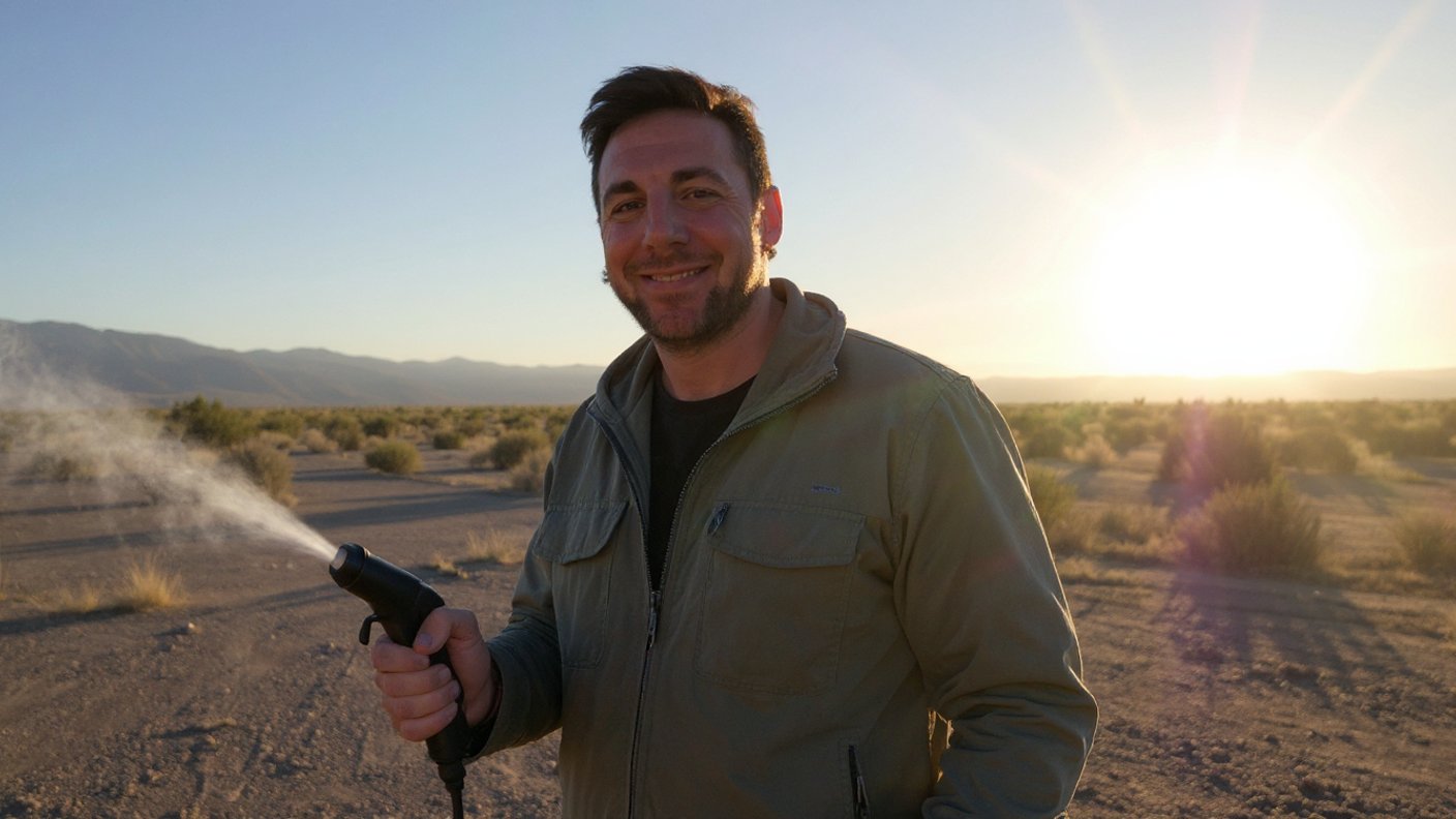 Man smiles holding a black spray gun, sunlit desert background.