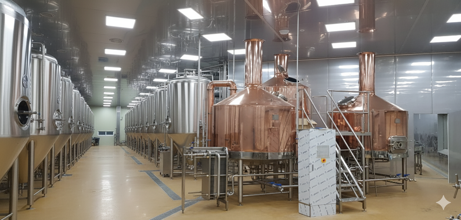 비즈니스 복장을 한 사람들이 네온 블루와 핑크색 조명이 켜진 미래형 공장에 서 있습니다.