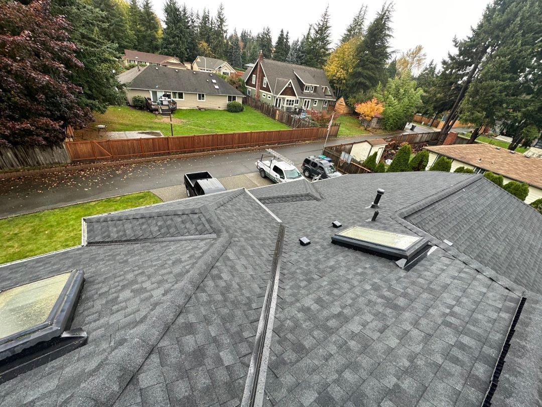 a roof with a skylight on it in a residential area .