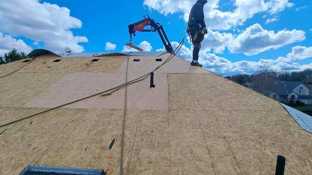 a man is standing on top of a pile of wood chips .