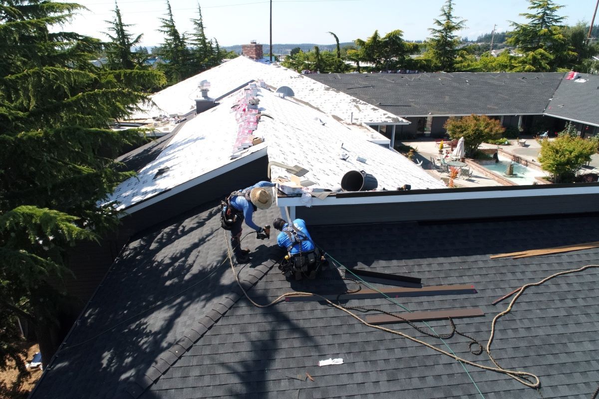 a person is working on a roof with a blue tool