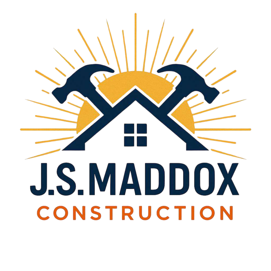 Logo for J.S. Maddox Construction featuring two crossed hammers and a house outline in dark blue over a gold sunburst.