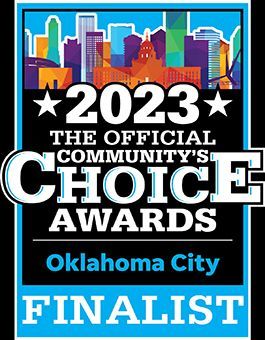 2023 Community's Choice Awards finalist for Oklahoma City.  Blue and white graphic with city skyline and stars.