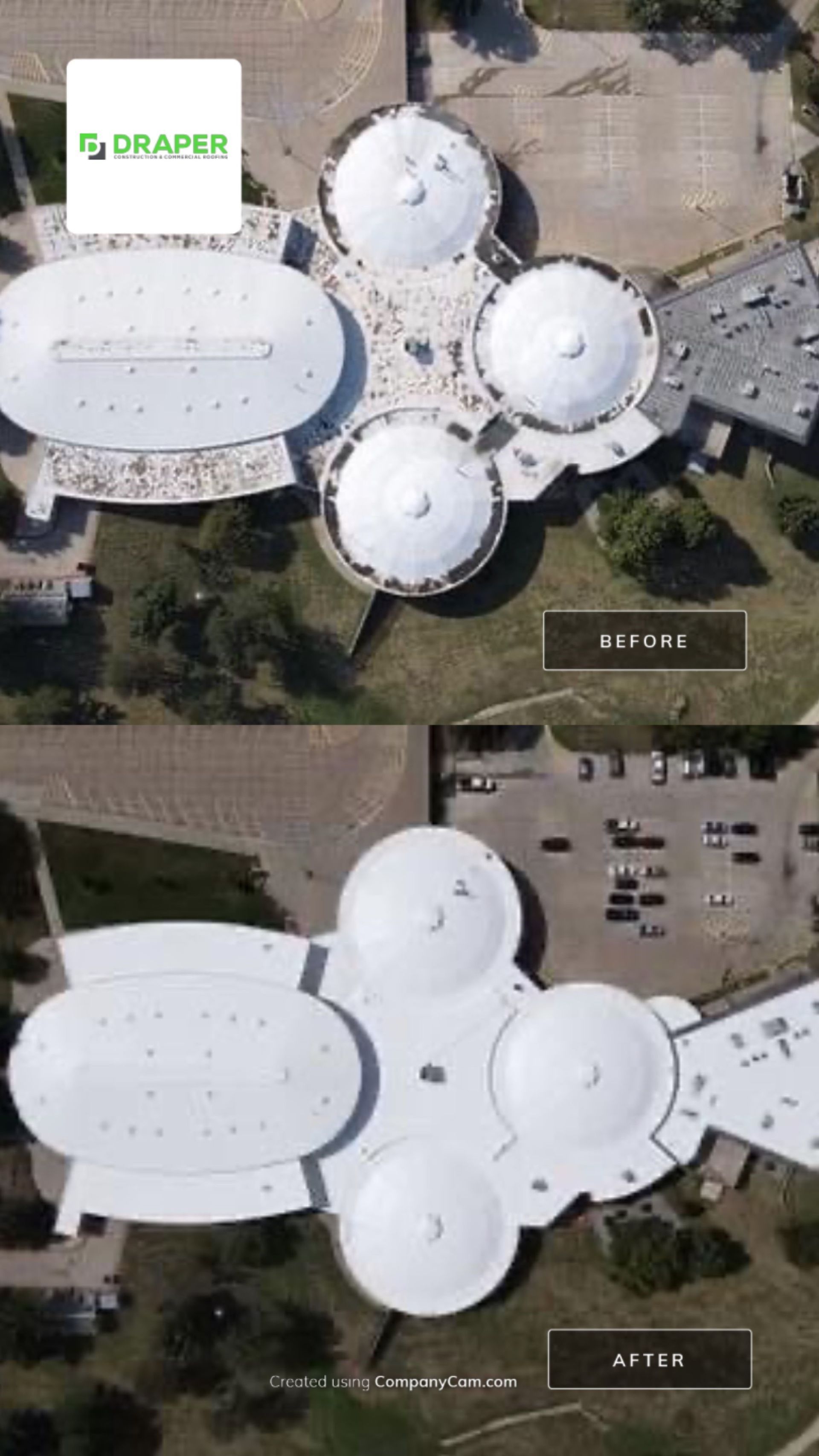 Overhead view of a building, comparing before and after photos. The building has several connected domed roofs.