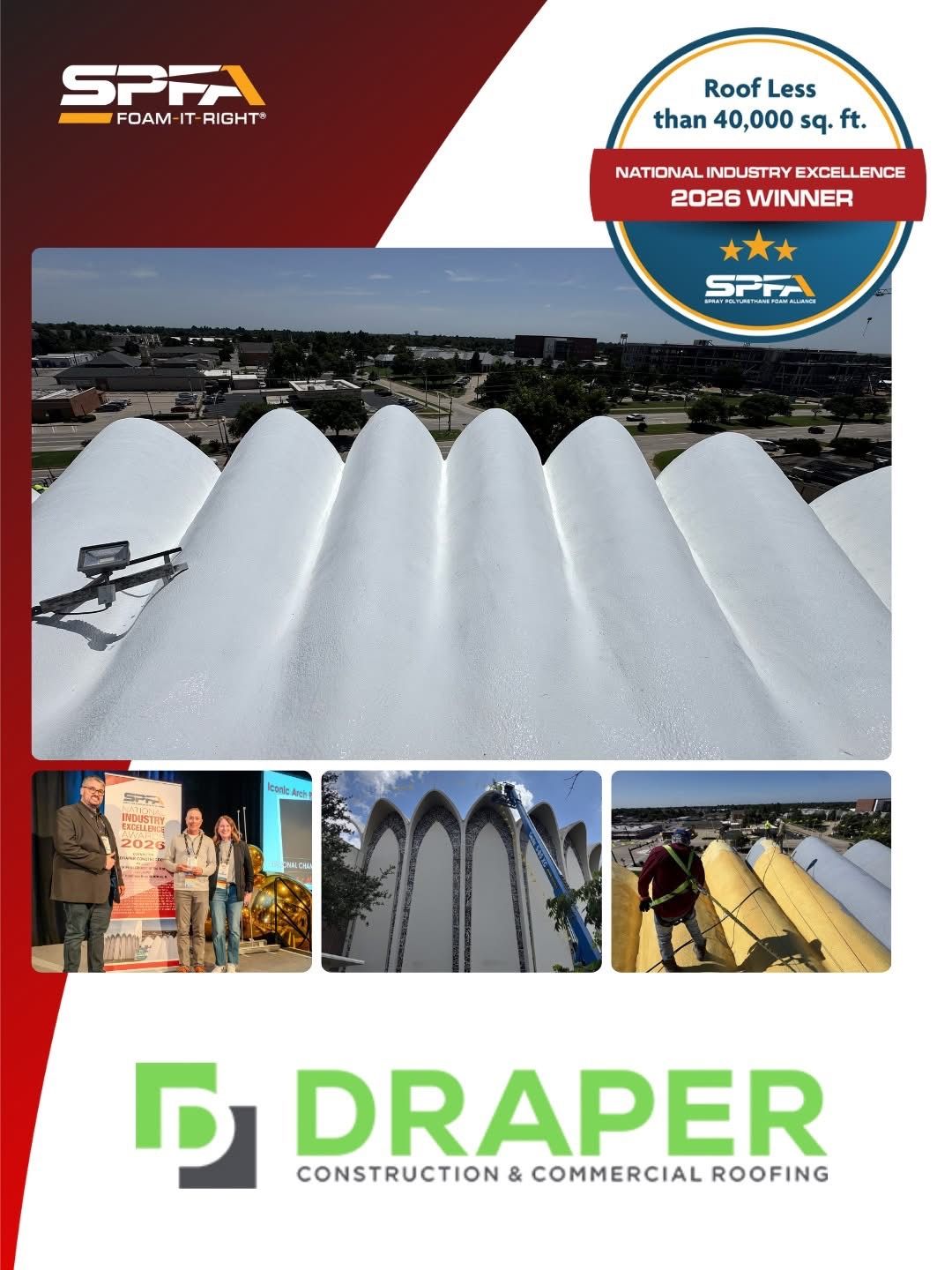 A flyer for Draper Construction showing a wavy, white, sprayed polyurethane foam roof and construction photos.