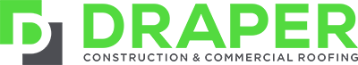 Logo for Draper Construction & Commercial Roofing. Green and gray design.