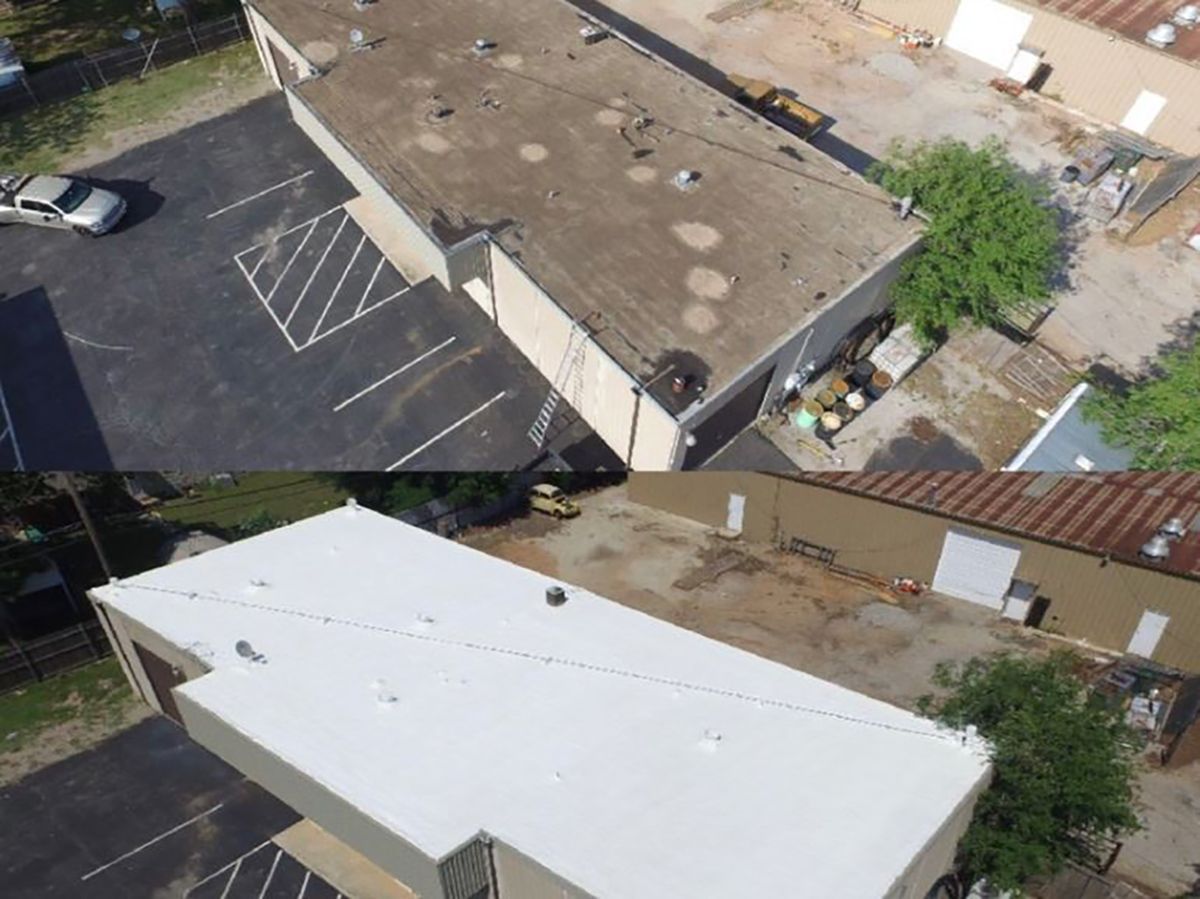 Before and after aerial views of a commercial building roof; top view is old and stained, bottom is newly painted white.