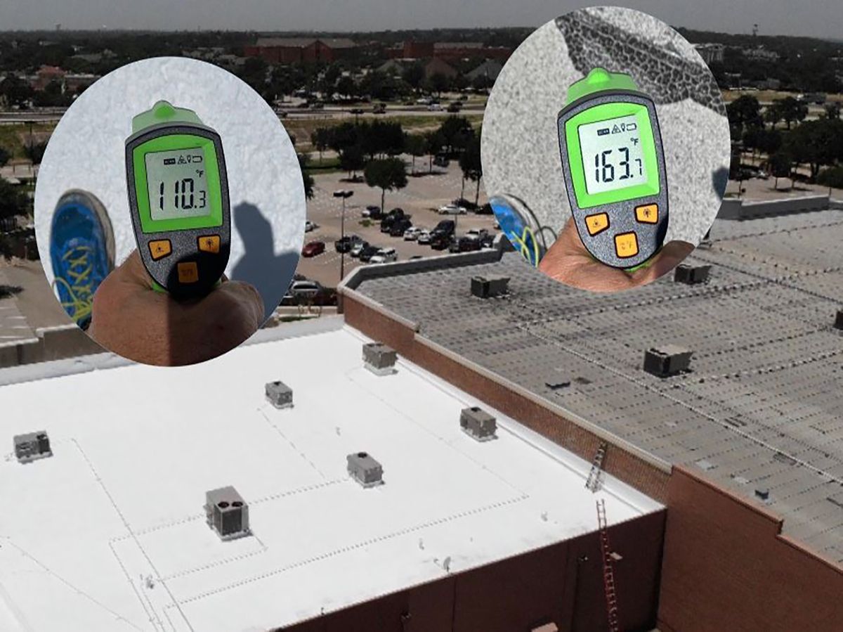 Thermometers show roof temperatures. White roof is 110°F; gray is 163°F. Outside on a commercial building.