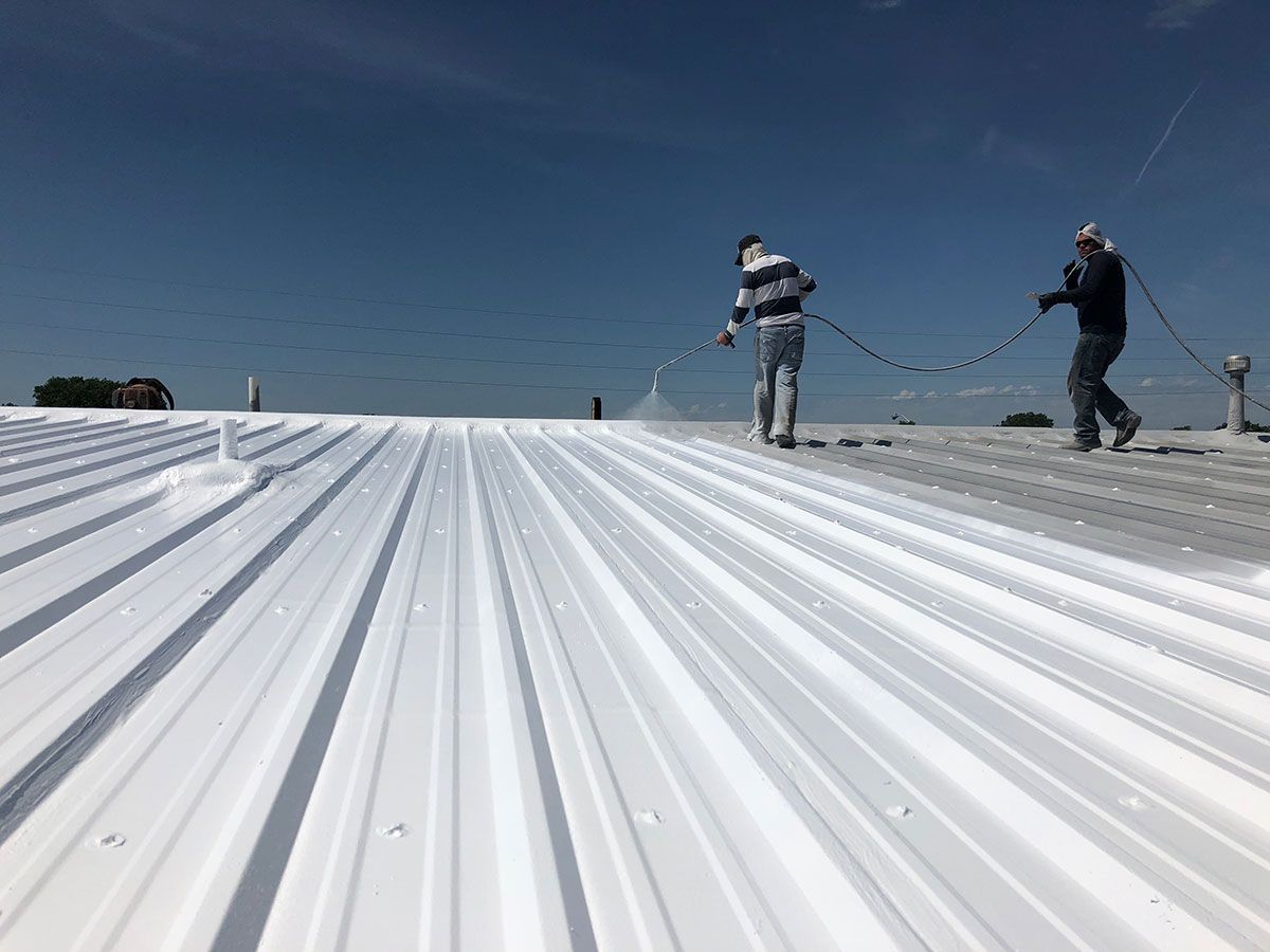 Two workers on a white, ridged metal roof, under a blue sky. They are connected to safety lines.