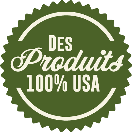 Sceau vert avec le texte : « DES Produits 100% USA » en blanc.