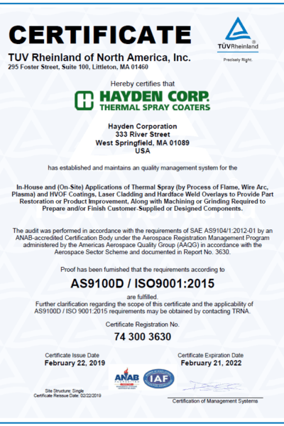 AS9100D / ISO9001:2015 Certification