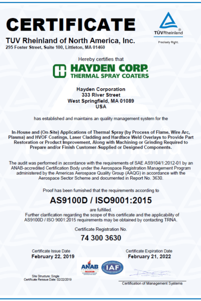 AS9100 Certification for Hayden Corp