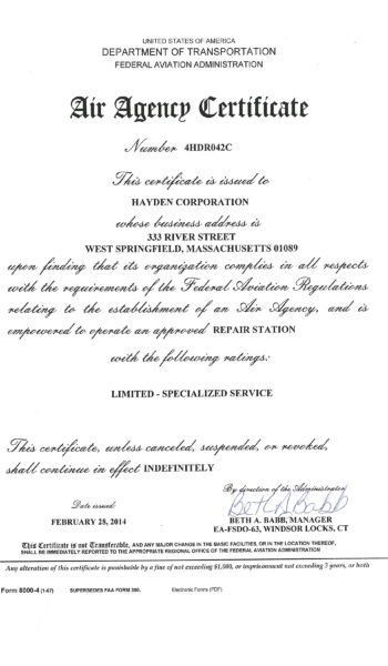 FAA Repair Station Certification for Hayden Corp