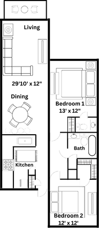 A black and white floor plan of a house with a living room , dining room , bedroom and bathroom.