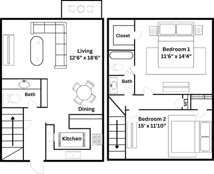 A black and white floor plan of a house with two bedrooms and a balcony.