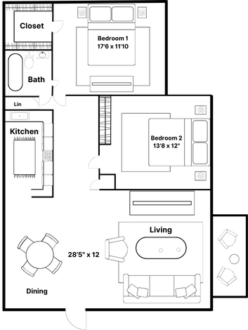 A black and white floor plan of a house with two bedrooms , a living room , and a dining room.